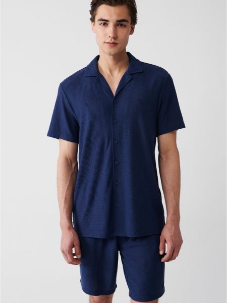 Πλεκτό πουκάμισο με κοντό μανίκι ζακάρ Avva μπλε