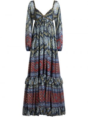 Hodvábne dlouhé šaty s potlačou s paisley vzorom Etro modrá