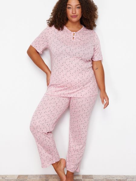 Pijamale cu nasturi cu model floral tricotate Trendyol roz