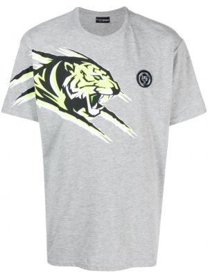 Меланж памучна спортна тениска с тигров принт Plein Sport сиво