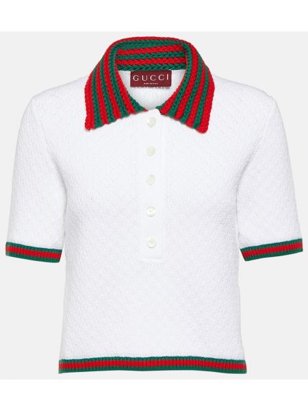 Памучна поло тениска на райета с дантела Gucci бяло