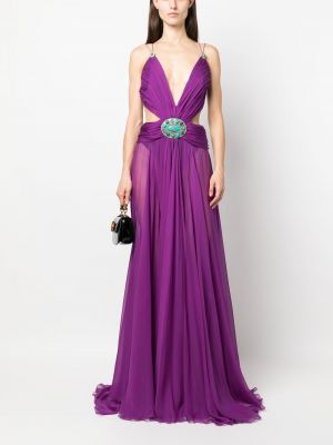Plisované hedvábné večerní šaty s výstřihem do v Roberto Cavalli fialové