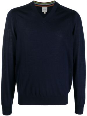 Вълнен пуловер от мерино вълна с v-образно деколте Paul Smith синьо