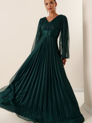 Plisēti tilla maksi kleita ar platām piedurknēm By Saygı zaļš