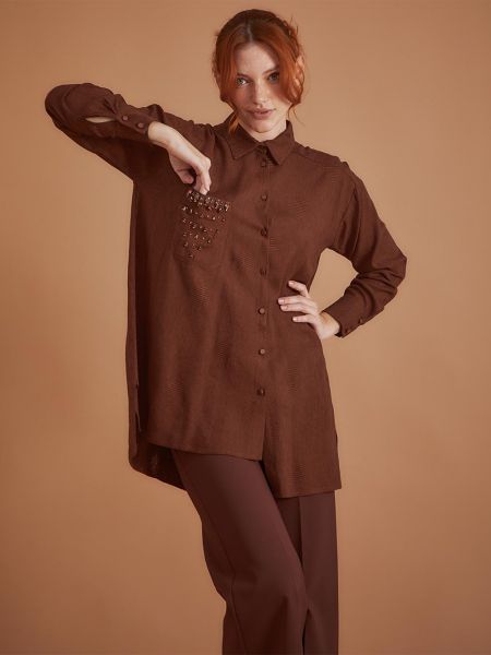 Рубашка с вышивкой с карманами Kayra коричневая