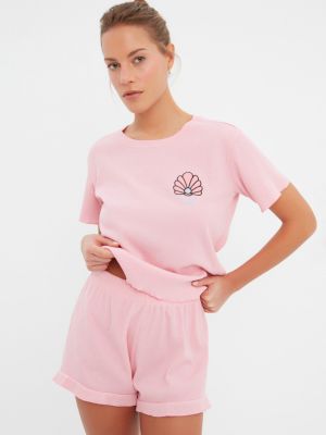 Pletené manšestrové pyžamo s výšivkou Trendyol růžové