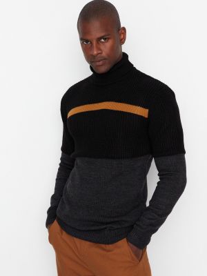 Svītrainas slim fit džemperis ar augstu apkakli Trendyol melns