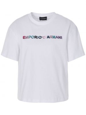 Medvilninis siuvinėtas marškinėliai Emporio Armani balta