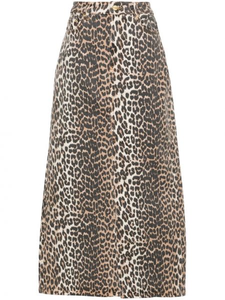 Džínsová sukňa s potlačou s leopardím vzorom Ganni hnedá