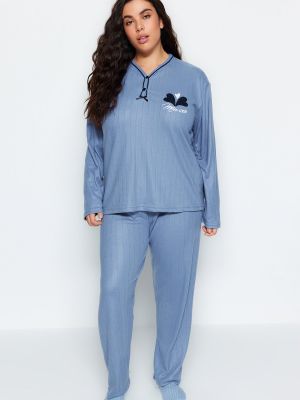 Pijamale cu nasturi tricotate Trendyol albastru