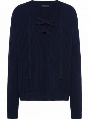 Пуловер с връзки с v-образно деколте с дантела Prada синьо