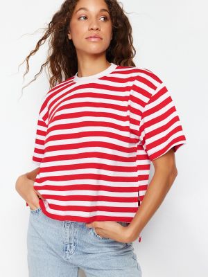 Pletené pruhované bavlněné tričko Trendyol červené