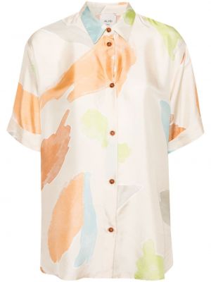 Jedwabna koszula z nadrukiem w abstrakcyjne wzory Alysi beżowa