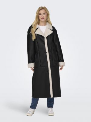 Priliehavý kožený zimný kabát z ekologickej kože Only čierna
