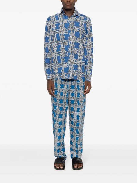 Lněné rovné kalhoty s potiskem Amir Slama modré