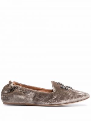 Pantofi loafer cu broderie de catifea Tory Burch gri