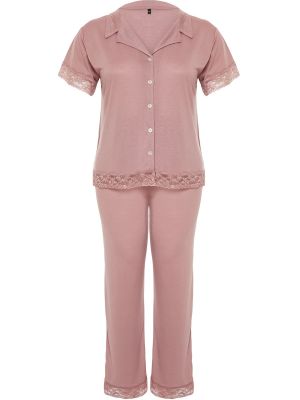 Pletena pidžama s čipkom Trendyol ružičasta