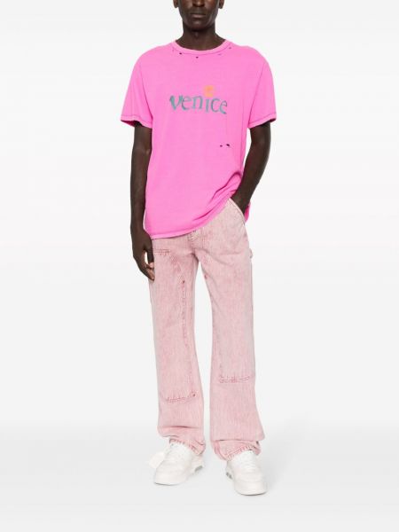 T-shirt di lino di cotone Erl rosa