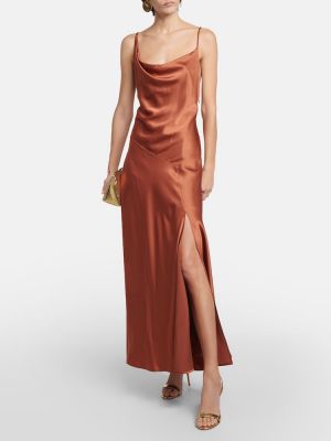 Asymetrické saténové dlouhé šaty Polo Ralph Lauren hnedá