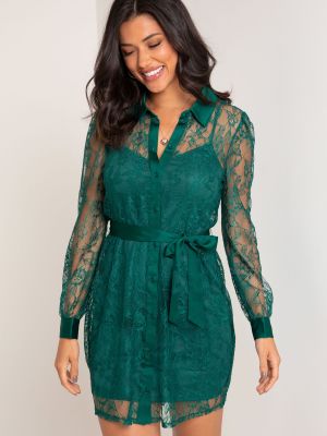 Кружевное платье-рубашка с длинным рукавом Pour Moi зеленое