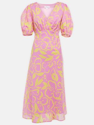 Květinové bavlněné sametové midi šaty Velvet růžové