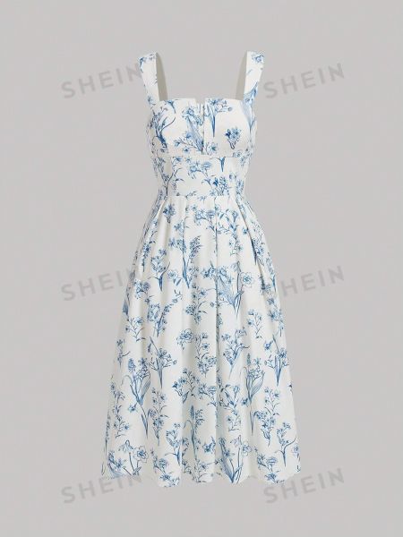 Длинное платье в цветочек с принтом Shein синее
