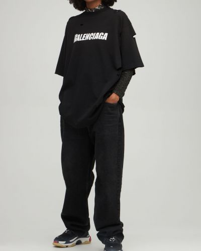 Oversize тениска с протрити краища от джърси Balenciaga черно