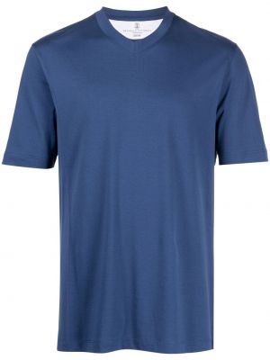 Βαμβακερή μπλούζα με λαιμόκοψη v Brunello Cucinelli μπλε