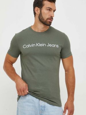 Памучна тениска с дълъг ръкав с принт Calvin Klein Jeans зелено