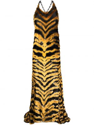 Skaidrus dryžuotas vakarinė suknelė su tigro raštu Roberto Cavalli