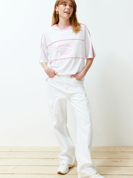 Oversize плетена памучна тениска Trendyol бяло