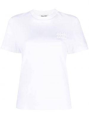 Haftowana koszulka bawełniana Miu Miu biała