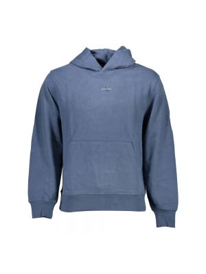 Sweter bawełniany z kapturem z nadrukiem Calvin Klein niebieski