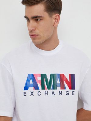 Памучна тениска с дълъг ръкав с принт Armani Exchange бяло