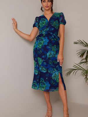 Миниатюрное платье с цветочным принтом рукавами-буфами и рюшами Chi Chi London синий