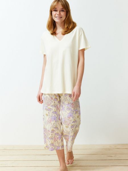Pletena bombažna pižama s cvetličnim vzorcem Trendyol rumena