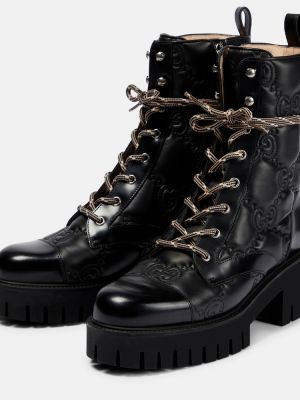 Prošívané kožené šněrovací kotníkové boty Gucci černé