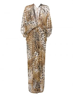 Jedwabna sukienka z nadrukiem w panterkę Roberto Cavalli beżowa