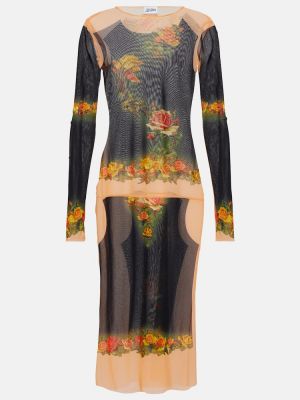 Midi obleka s cvetličnim vzorcem z mrežo Jean Paul Gaultier bež