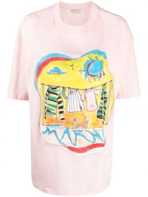 Bavlněné tričko s potiskem Marni růžové