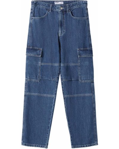 Jednofarebné bavlnené nohavice na zips Bershka - modrá