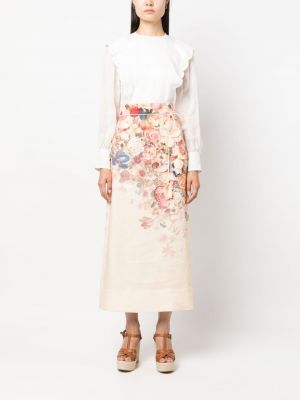 Květinové lněné midi sukně s potiskem Zimmermann růžové