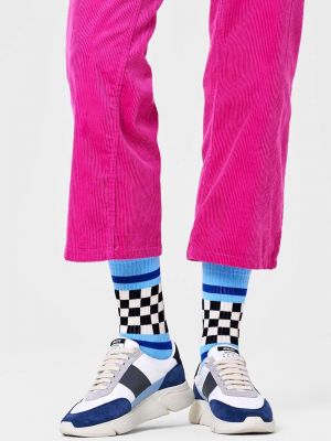 Nogavice s črtami s karirastim vzorcem Happy Socks modra