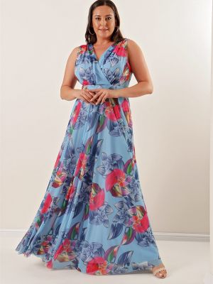 Tylové květinové dlouhé šaty By Saygı modré