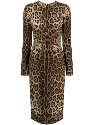 Dlouhé šaty s potlačou s leopardím vzorom Dolce & Gabbana hnedá