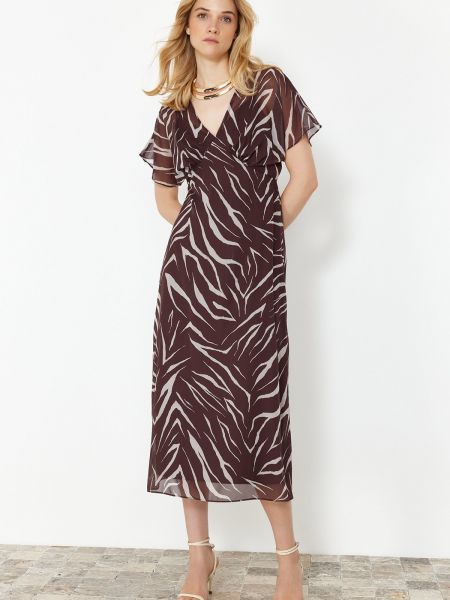 Trapez haljina od šifona s apstraktnim uzorkom Trendyol smeđa