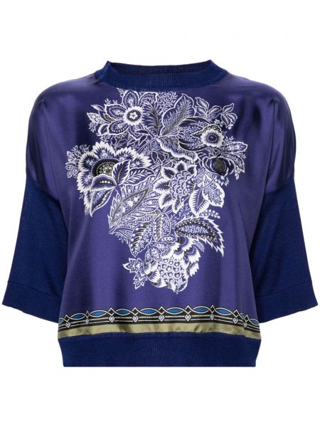 Adīti t-krekls ar ziediem ar apdruku Etro zils
