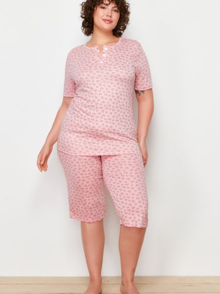 Dzianinowa piżama w kwiatki Trendyol różowa