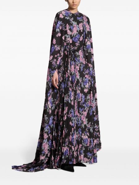 Plisované květinové večerní šaty s potiskem Balenciaga černé