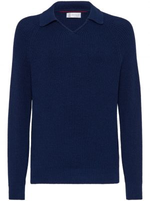 Megztas medvilninis polo marškinėliai Brunello Cucinelli mėlyna